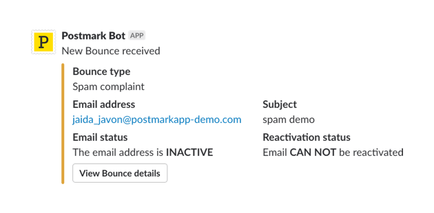 A screenshot of a Postmark bounce notification in Slack.